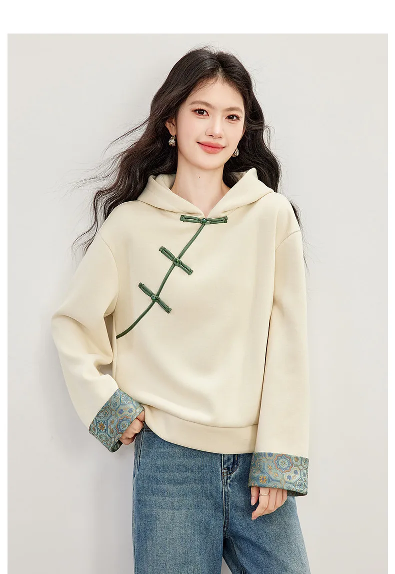 VIMLY New Chinese Style Hooded Sweatshirt Fall Winter Color Contrast Frog Button Fleece Lined Thickened Pullover Ladies A7683