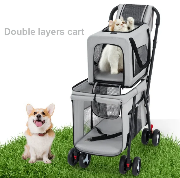 Portable Foldable 4-Wheel Double-Layer Pet Stroller for Small/Medium Dogs/Cats Detachable Lightweight Oxford Material Carrier
