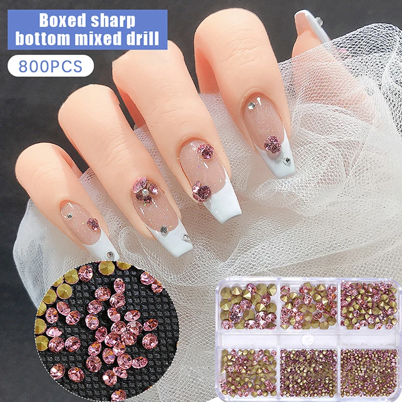 6 Grids 3D Colored Crystal Nail Art Rhinestones Pointed Bottom Shiny Gems DIY Nail Decoration Mixed Set