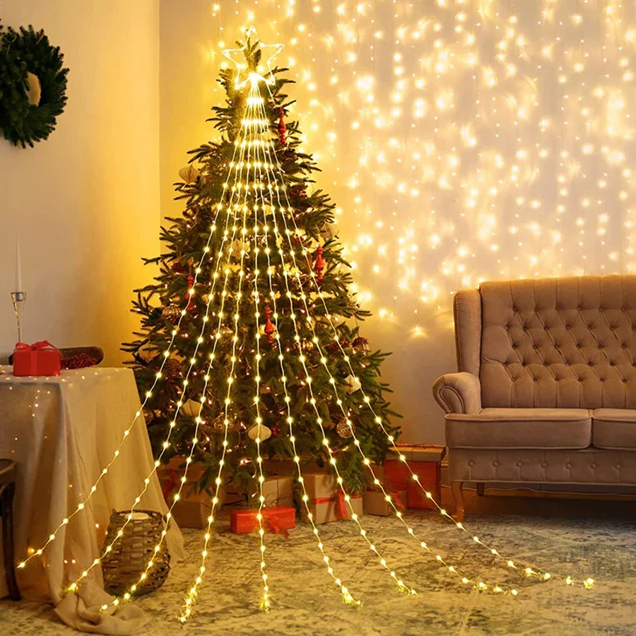 Cadena de luces de estrella de Navidad para exteriores, 9x2m, 190 LED, cascada de árbol con estrella de adorno, 8 modos para boda, decoración de fiesta de vacaciones