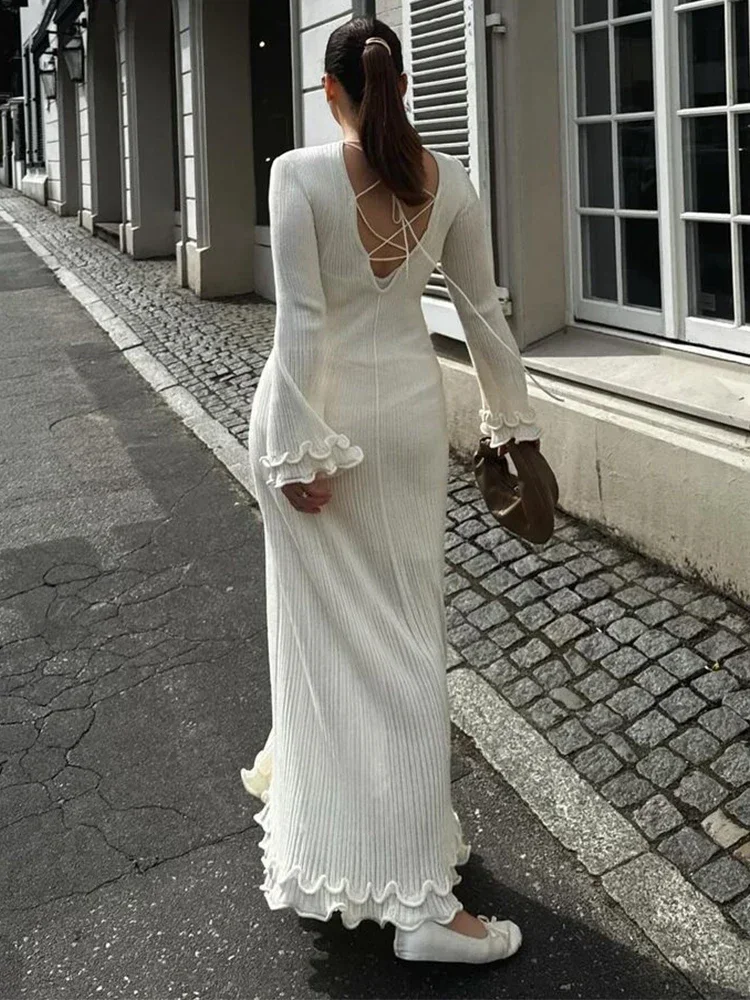 2025 Spring Elegant Solid Round Neck Slim Fit Long Dress Chic Full Sleeves Backless Lace Up Pleated Maxi Dresses Woman Vestidos