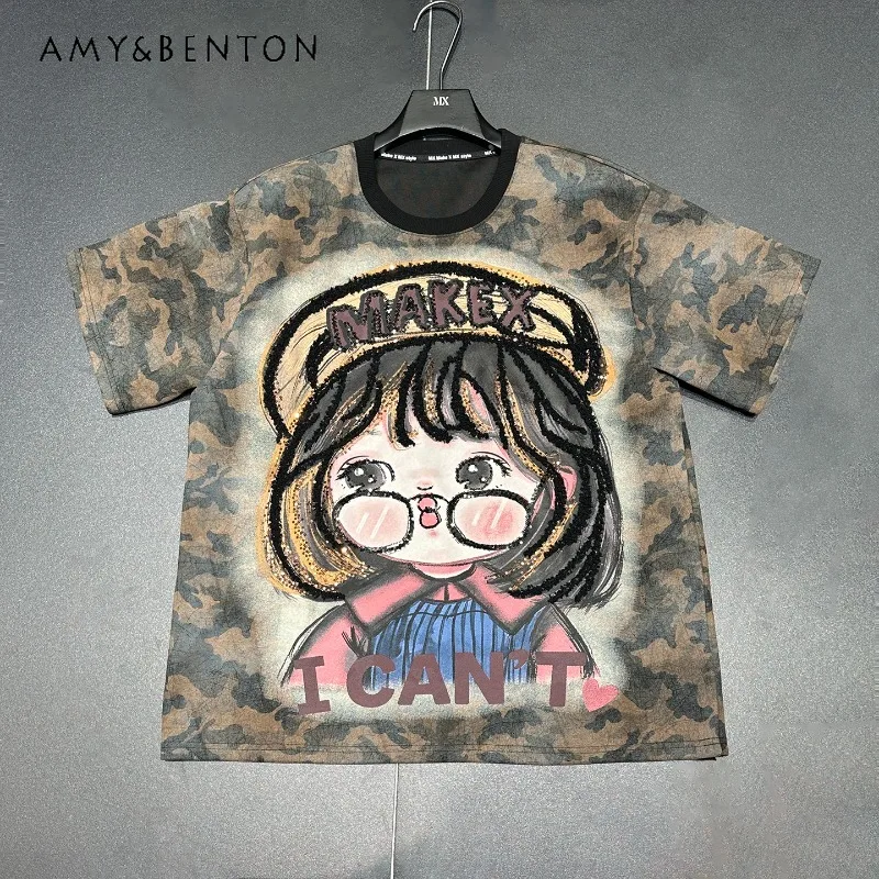 

Тяжелая промышленность, новый дизайн, футболка с короткими рукавами и блестками с мультяшным принтом для маленьких девочек, свободные повседневные футболки средней длины, пуловеры