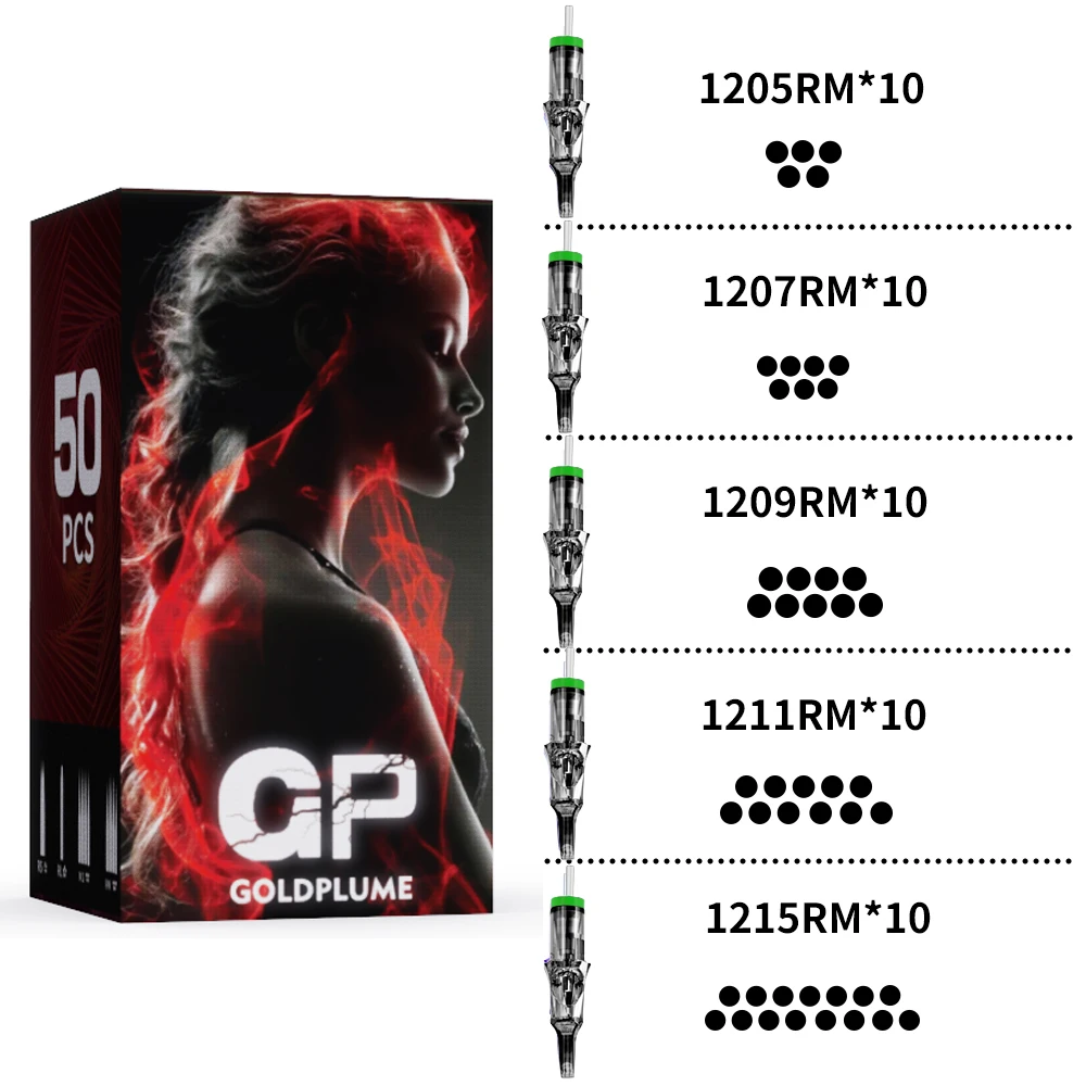 

Goldplume 50 Pcs/Set Tattoo Cartridge Needles, 1205Rm 1207Rm 1209Rm 1211Rm 1215Rm, Using High-End Japanese 316 Steel Needles, Stable and Smooth Ink Flow, Suitable for All Tattoo Machines and Tattoo Art Design Supplies