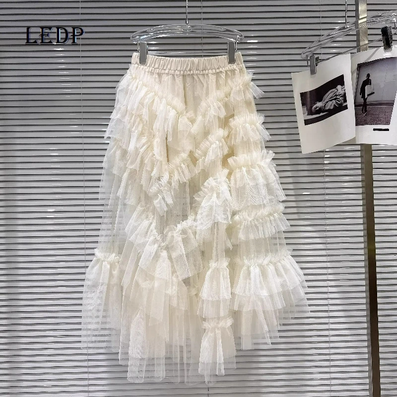

Korean Design Gentle Sweet Multi-layer Ruffle Edge Women's Skirt 2026 Spring Summer New High Waist Y2k Beige Mesh Skirts Ladies