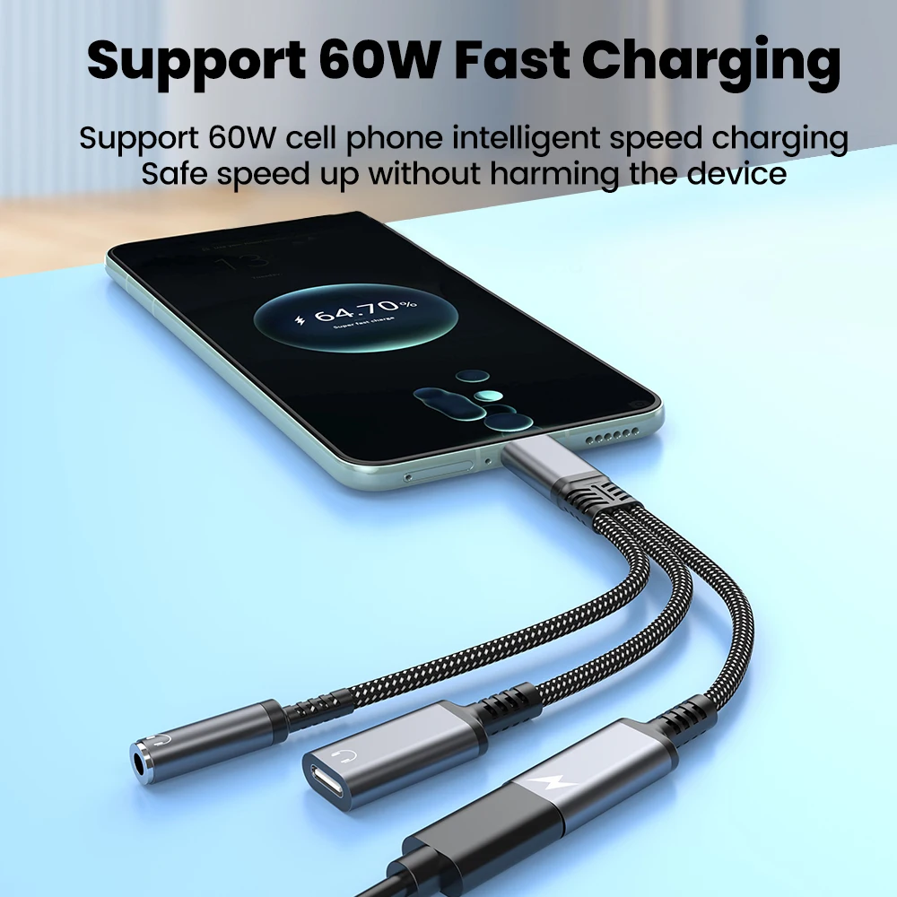 Adapter USB C do słuchawek 3,5 mm/Typ C Adapter kabla audio Aux 3 w 1 Szybkie ładowanie 60 W do iPhone'a 16 15 Adapter słuchawek Samsung — zdjęcie produktu 3