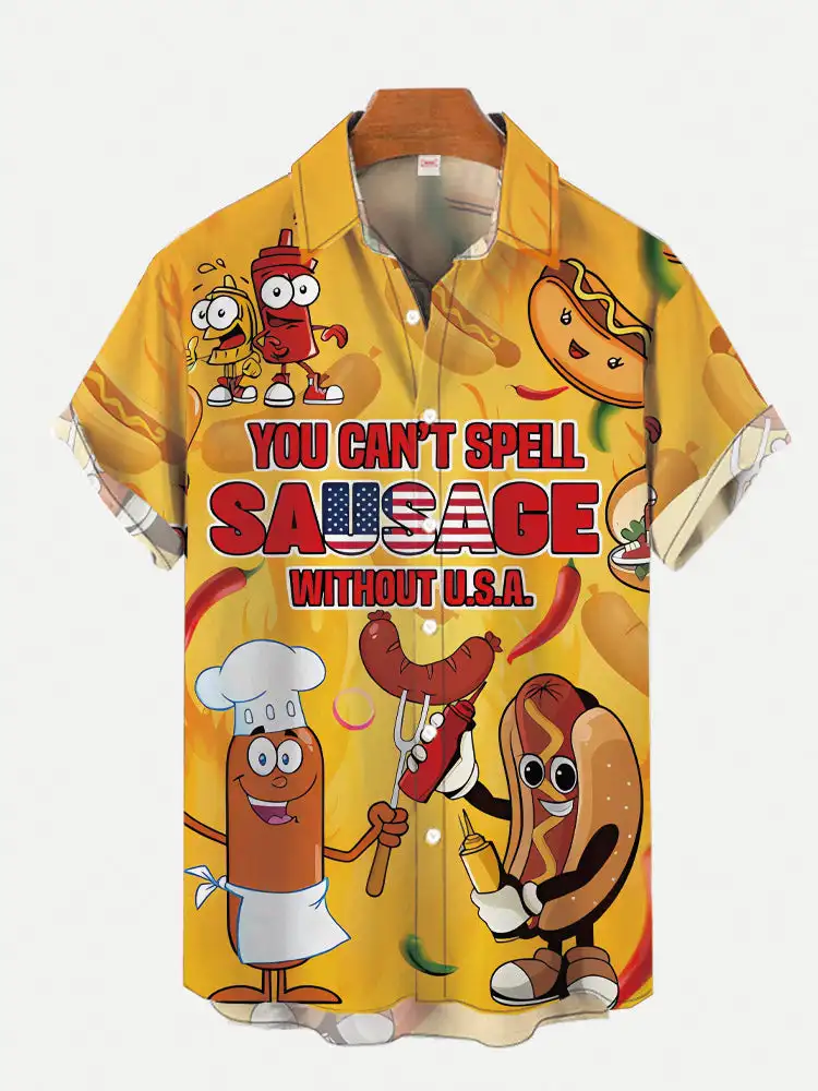 You Can\'t Spell Sausage Without an American Hot Dog Lover Hawaiian Shirt Men\'s Casual Lapel Button Down Shirt