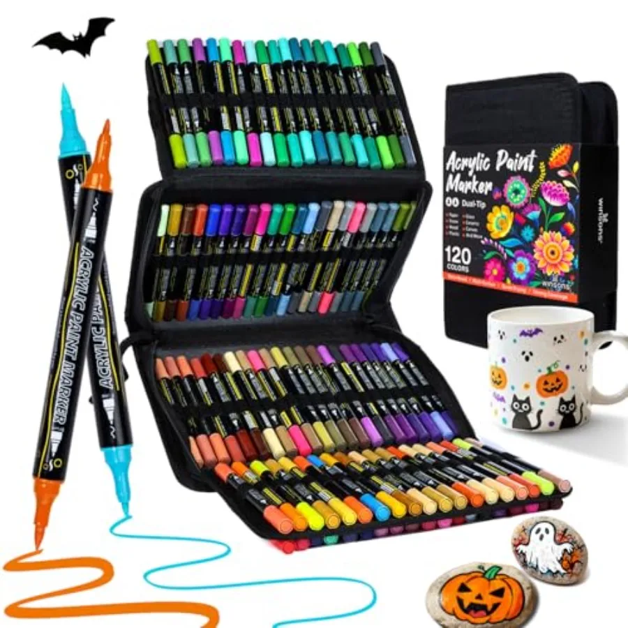 

Acrylic Paint Markers, Dual Tip with Fine Tip and Brush Tip Pens for Rock Painting Supplies, Canvas, Wood, Calligraphy, Metal,