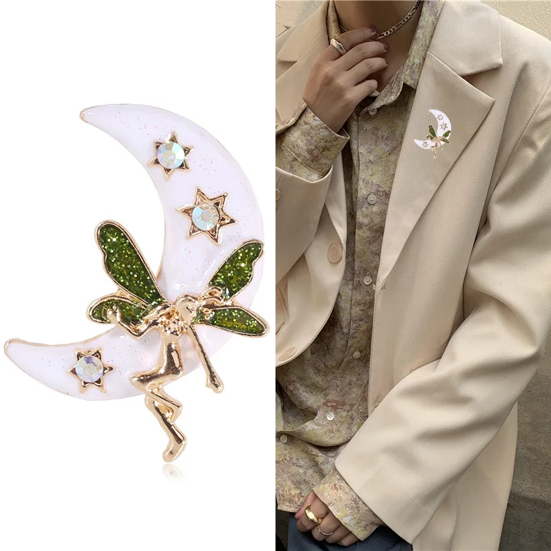 Moon Star With Twinkling Wings Girl's Crystal Brooch For Women Shiny Elegant Coat Office Party Friends Gift Accessories