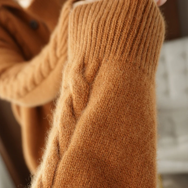 100% Pure Wool Sweater Autumn/Winter 2022 Women\'s Stand-up Collar Cardigan Casual Knitted Tops Korean Oversized Female Jacket