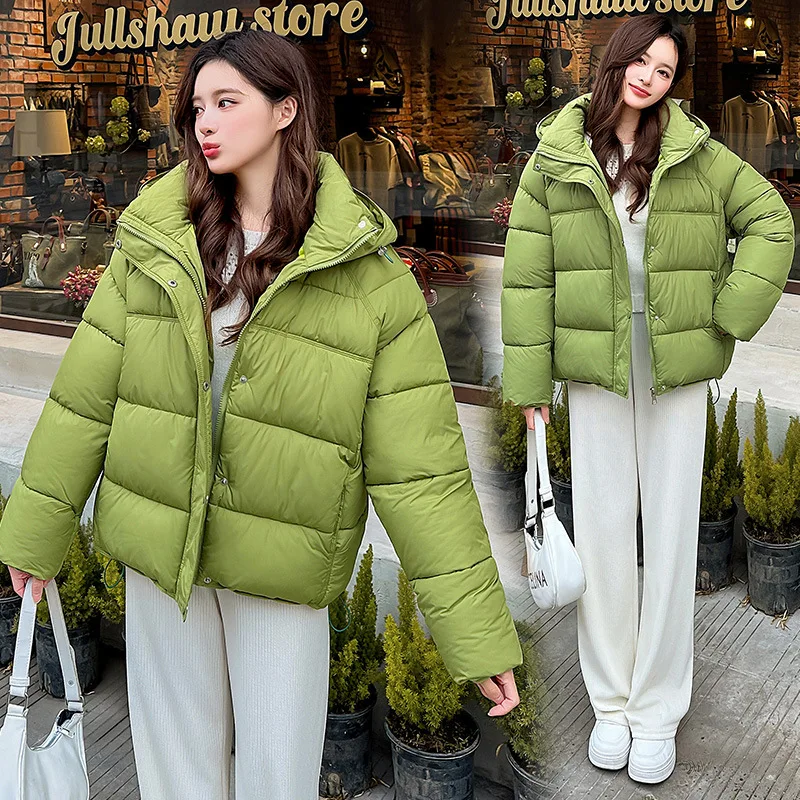 Hooded Parkas Coats Women Solid Short Jacket Pocket Drawstring Zipper Long Sleeve Loose Fit Thick Office Lady Casual 2025 Winter