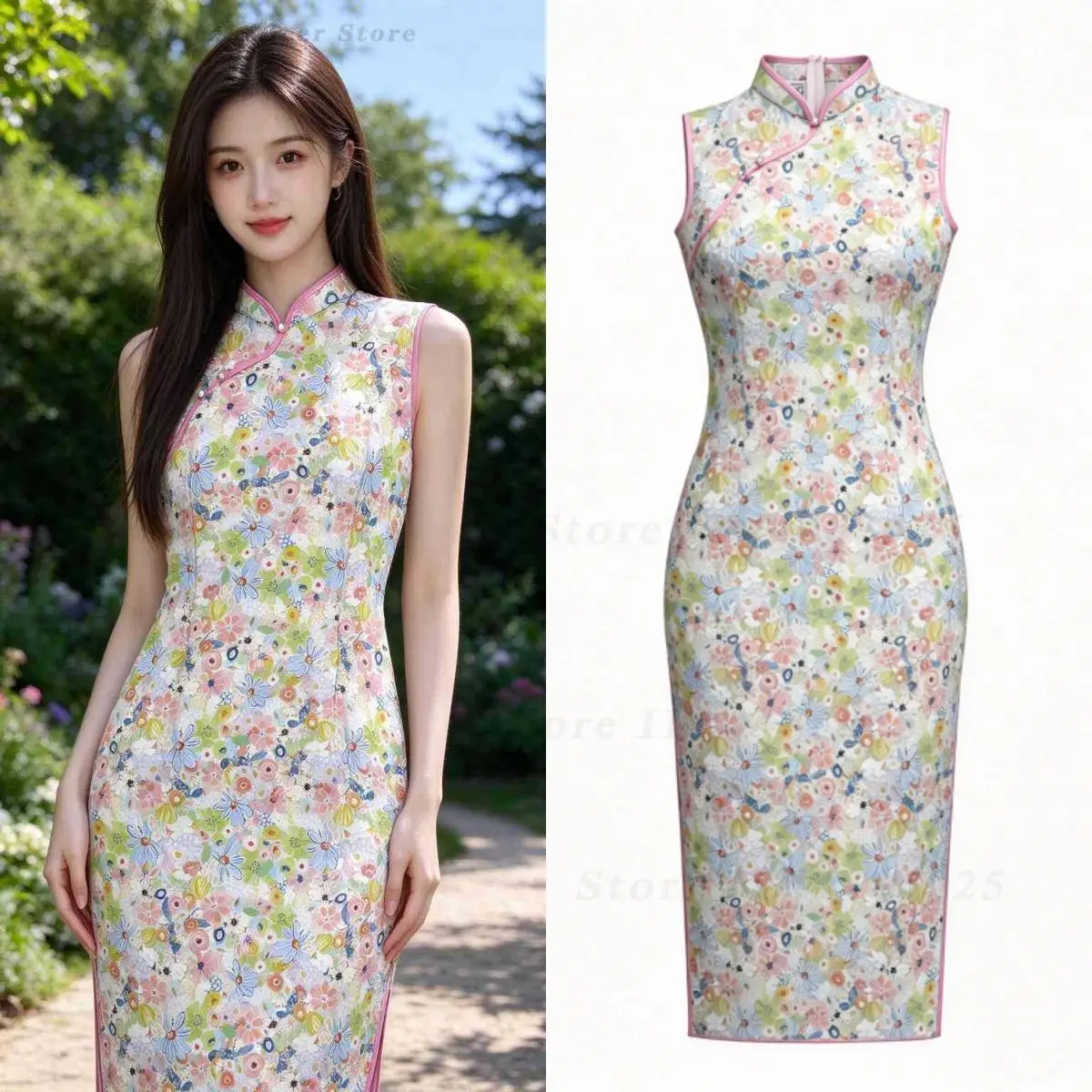 Women Improved Chinese Floral Long Qipao Sleeveless Oblique Placket Pearl Button Slim Daily Travel Cheongsam Dress