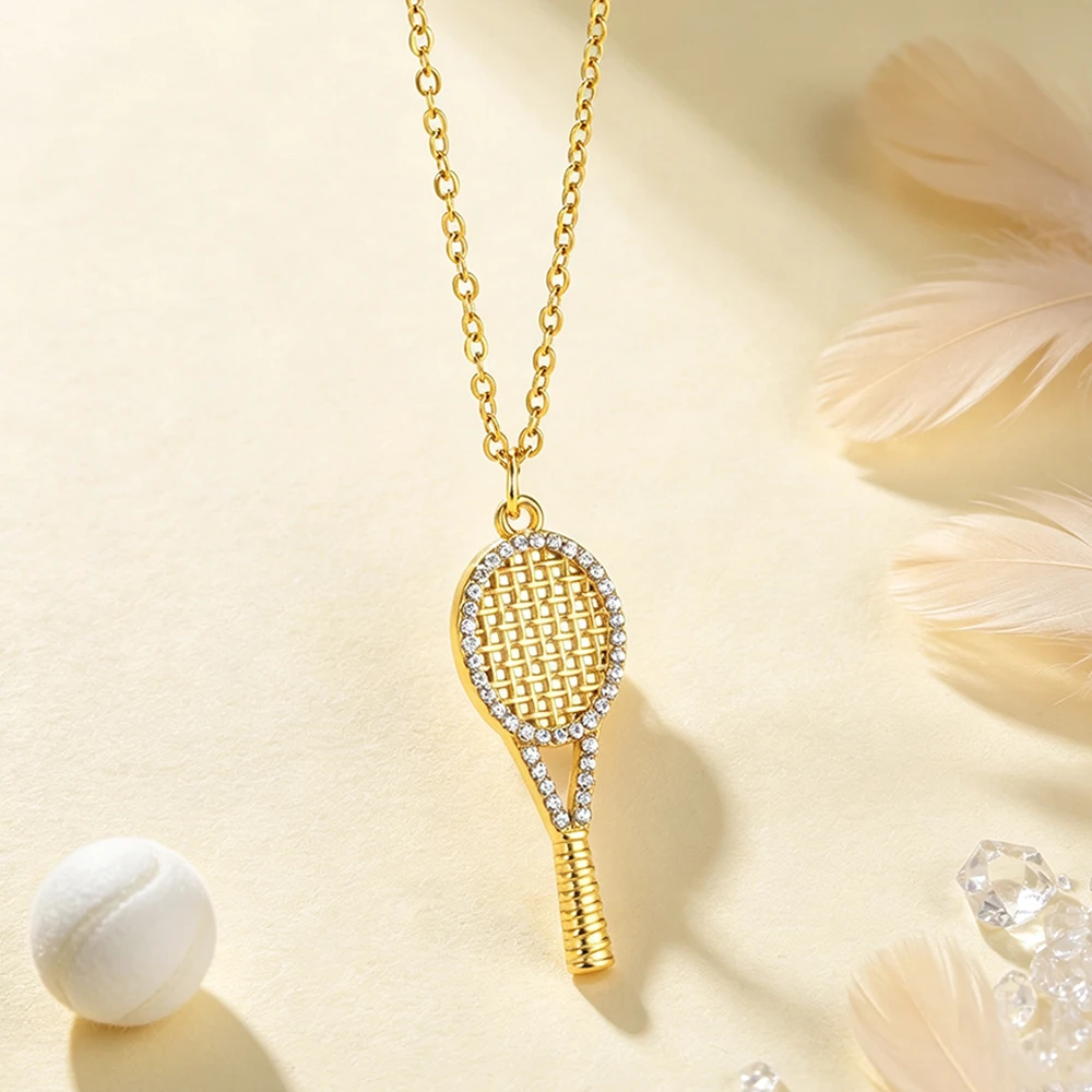 Tennis Racket Pendant Necklace Inlaid Zircon Sports Tennis 18K Gold Plated Stainless Steel Sport Jewelry Gift for Tennis Lovers