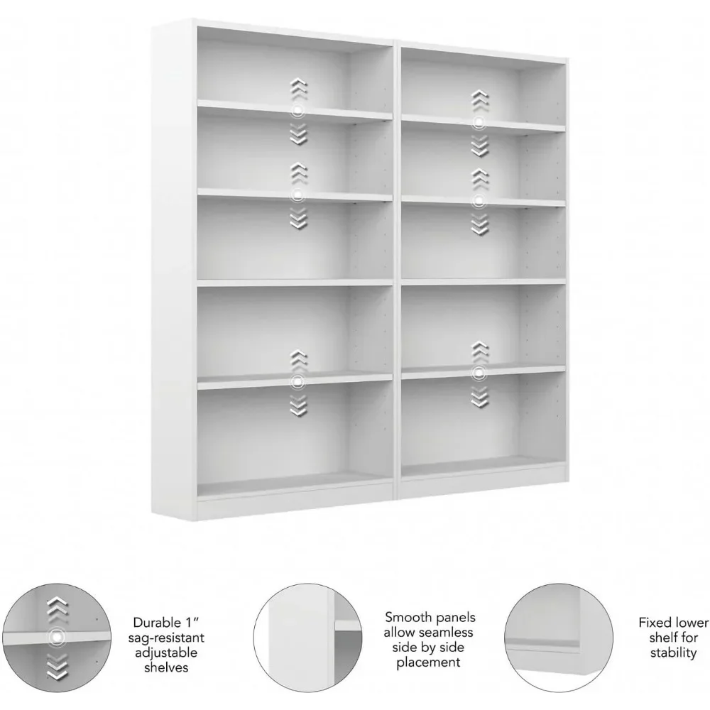 Universal High 5 Rack White Bookcase - 2 Piece Set to Match Storage and Display Shelves for Office or Living Room Organization