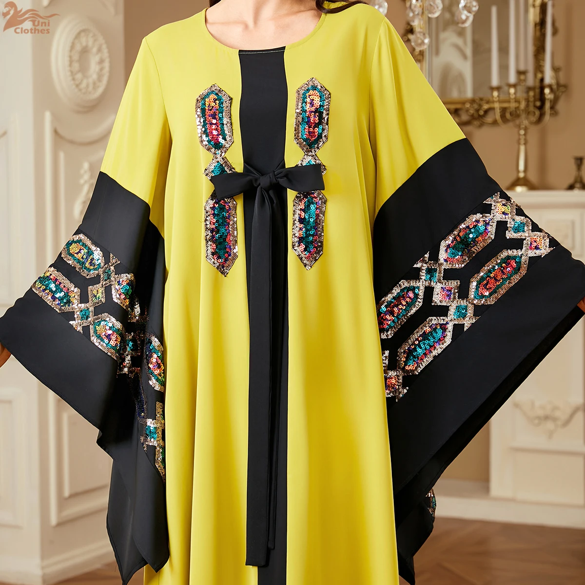 

Уни Рамадан Дубай блестки лоскутное платье макси с рукавами «летучая мышь» для женщин марокканская гала элегантная свободная абайя