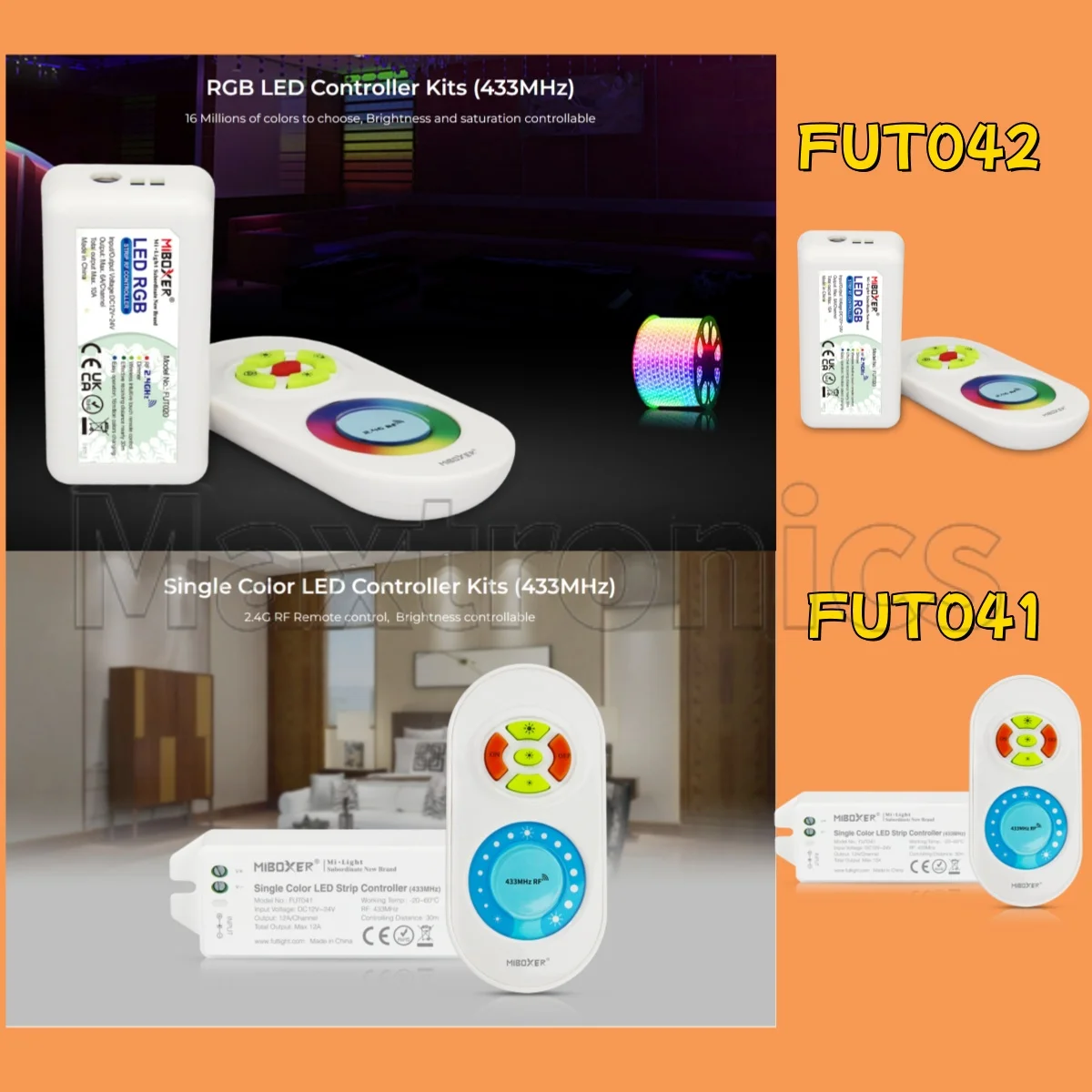 

MiBoxer FUT041 Single Color / FUT042 RGB LED Controller Kits 433MHz RF DC12~24V Remote controllable 6A/Channel Max 12A