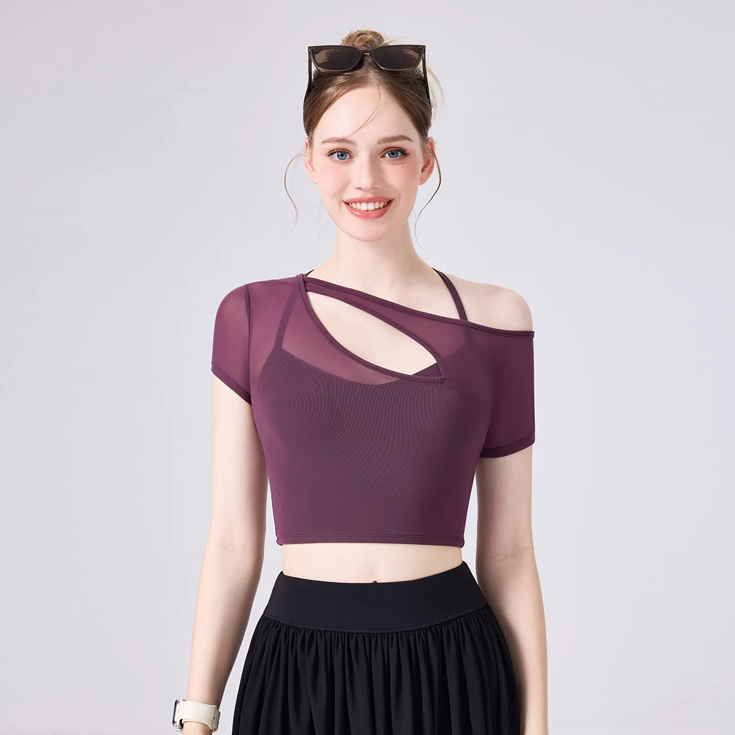 

New Irregular Slanted Shoulder Hollow Bra Sports Vest Running Fitness Cool Feeling Breathable Mesh Short Sleeved Women