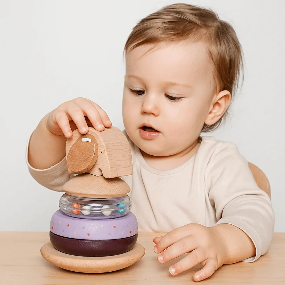 Giocattolo in Legno per Bambini, Blocchi Impilabili Montessori a Forma di Animali, Gioco Educativo con Puzzle, Elefante con Campanello e Gioco da Dentizione