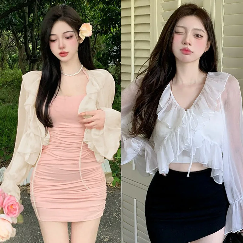 Flared Sleeves Ruffles Chiffon Sweet Women\'s Sun Protection Shirt Cardigan Lotus Leaf Edge Lace Up Short Cardigan Coat