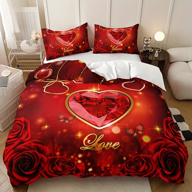 

Romantic Red Heart Rose Floral Butterfly Letter Duvet Cover Set Includes 1 Duvet Cover and 2 Pillowcases Bedding Set