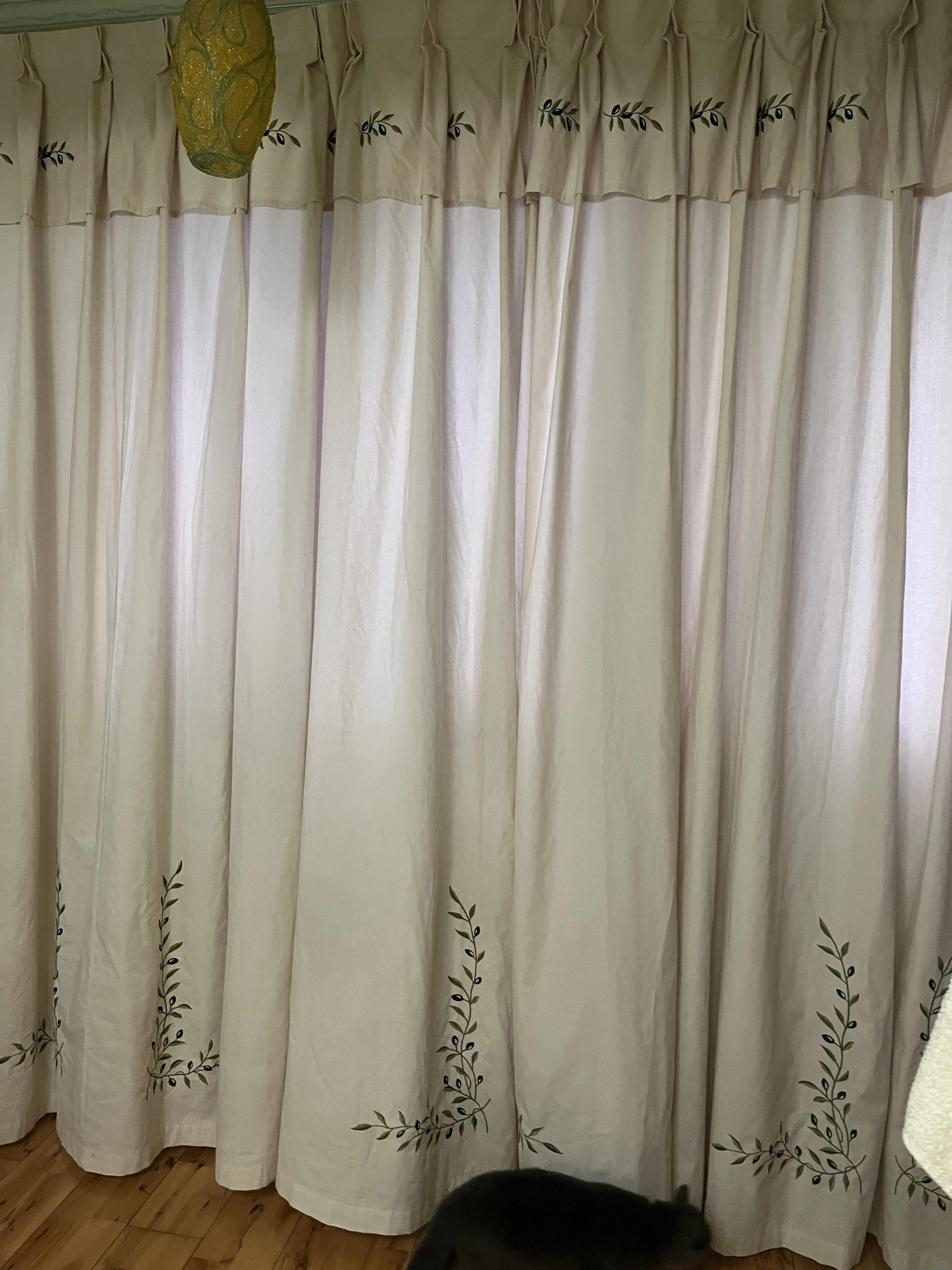 Rustic Style Olive Branch Embroidery Semi-Blackout Curtains, Cotton Linen Window Drapes with Valance for Living Room Bedroom