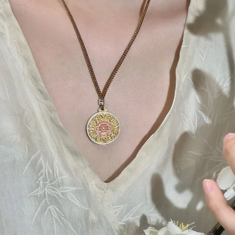 Floral Cluster Gold Traced Enamel Pendant Chinese Style Brown Cord Long Necklace for Women Vintage Jewelry Elegant Daily Wear
