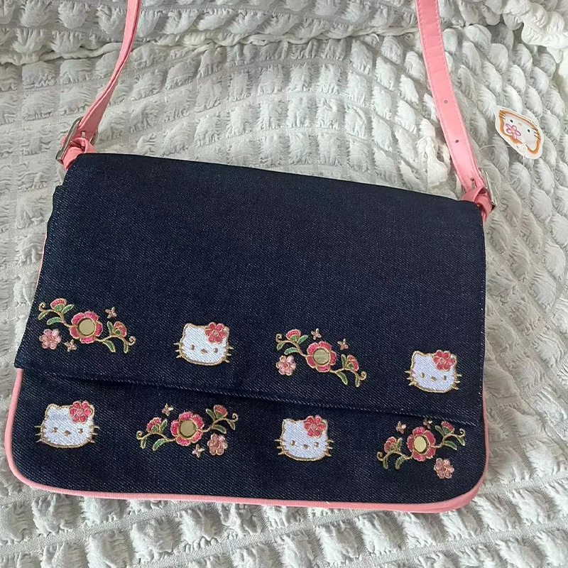 New Kawaii Hellokitty Cowboy Embroidery Printed Underarm Bag Cute Cartoon Cowboy Canvas Shoulder Bag for Girls Birthday Gifts