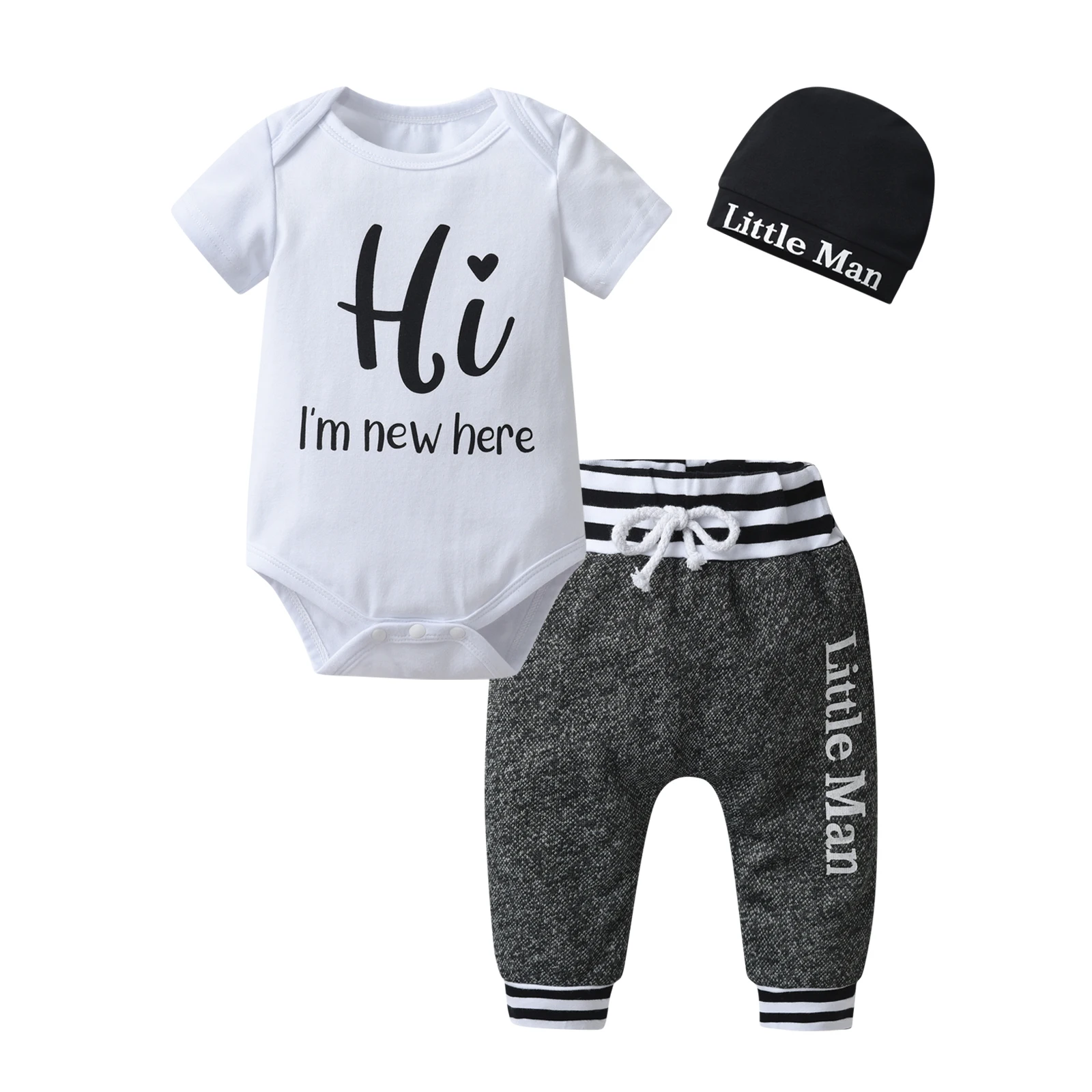 Summer New infant Baby Boys Fashion Clothes Set Cotton Short Sleeve Romper Top with Letters Long Pants Hat 3pcs Newborn Outfit