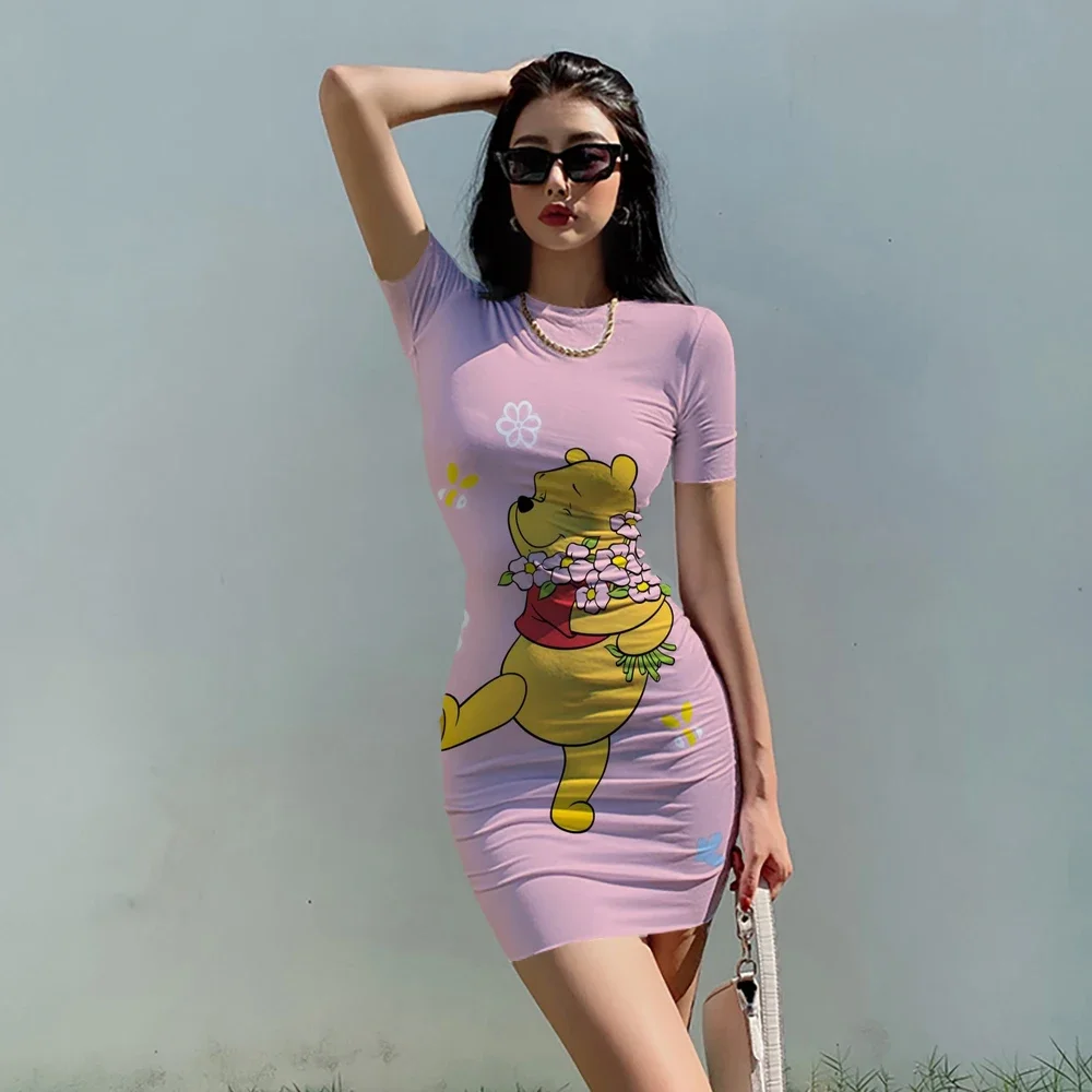 Disney Winnie the Pooh Bodycon Dresses for Women Short Sleeve Sexy Dress Summer Kawaii O Neck Robes Casual Party Club Vestido