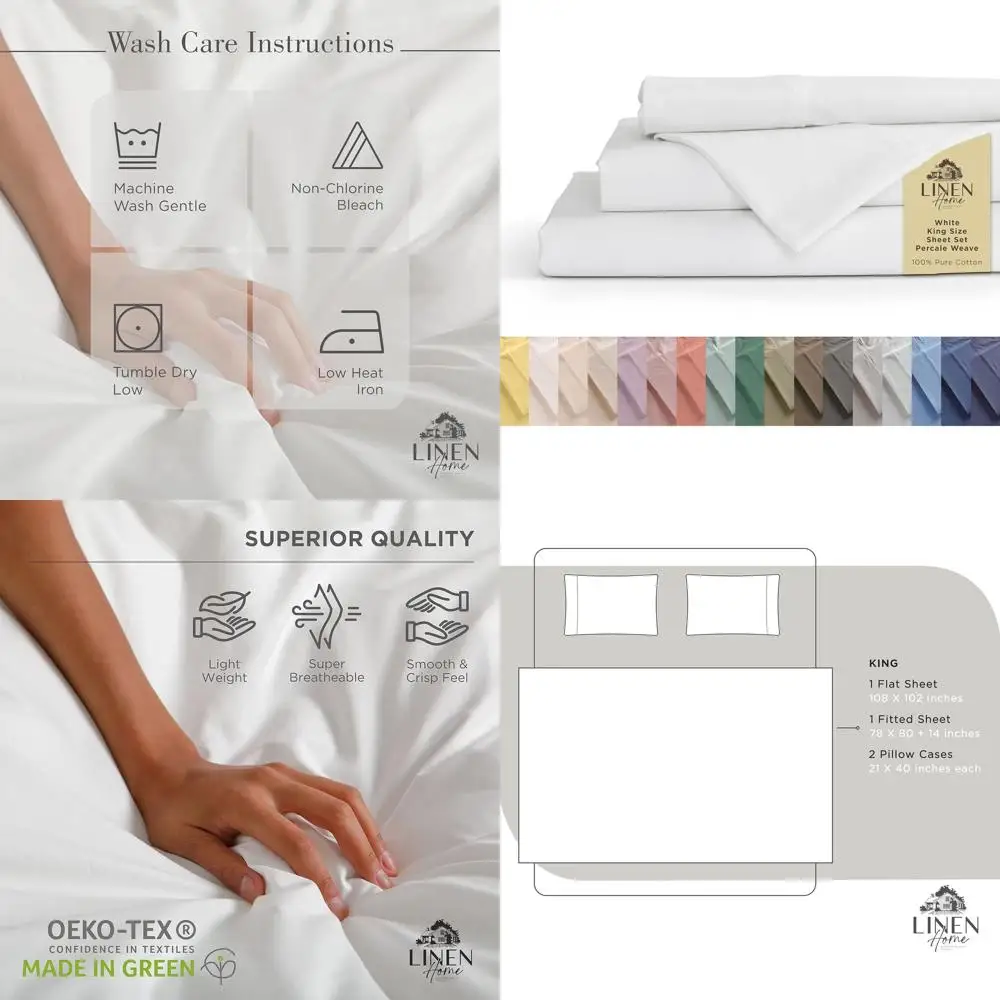 

Комплект постельного белья King Size из 100% хлопкового перкаля, белый, 4 предмета: простыня на резинке с глубоким карманом и наволочки, прохладное и дышащее постельное белье