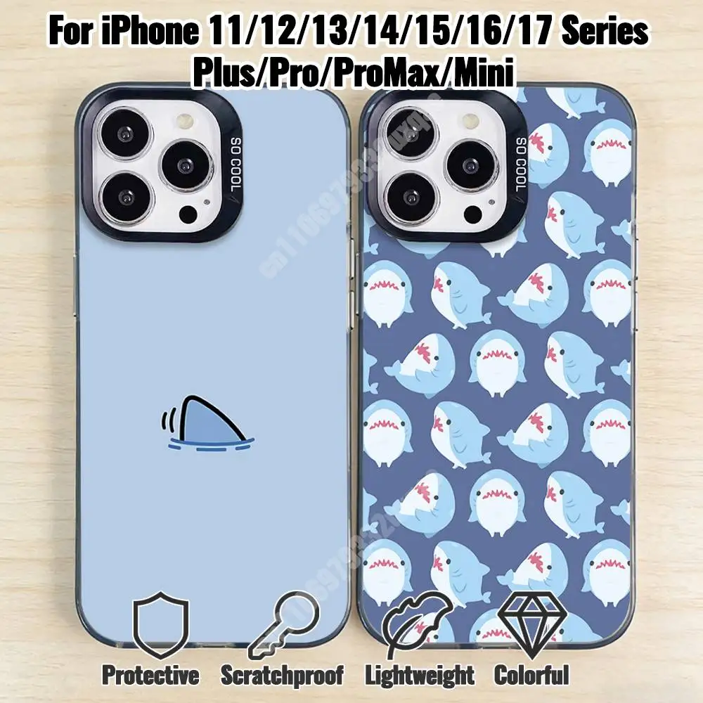 

Kawaii Shark Pattern Phone Case for iPhone 17 16 15 Pro Plus 14 13 Max Mini 12 11 X XS Air TPU Bumper