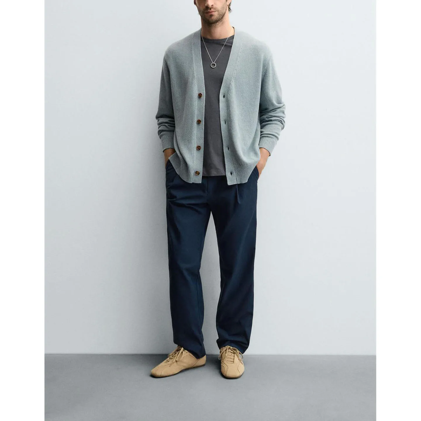 

Осенний новый мужской длинный све V-Ne из смеси хлопка и верблюжьего цвета, тонкий прямой вязаный открытый кардиган, повседневный, удобный, дышащий