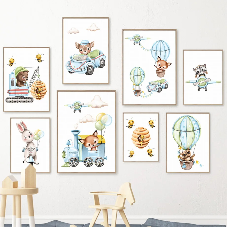 Frameless canvas paintings,Rabbit Bear Fox Car Aircraft Balloon Nursery Wall Art Canvas Painting Nordic Posters Prints Wall Pict