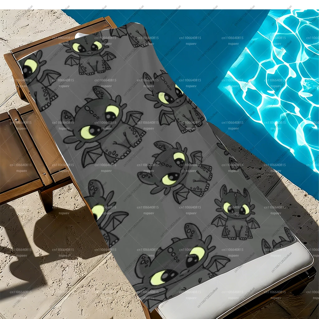 Cartoon Black Dragon Inspired Beach Towel Quick Dry Microfiber Toothless Print Bath Towel for Swimming Pool Gym Camping Summer