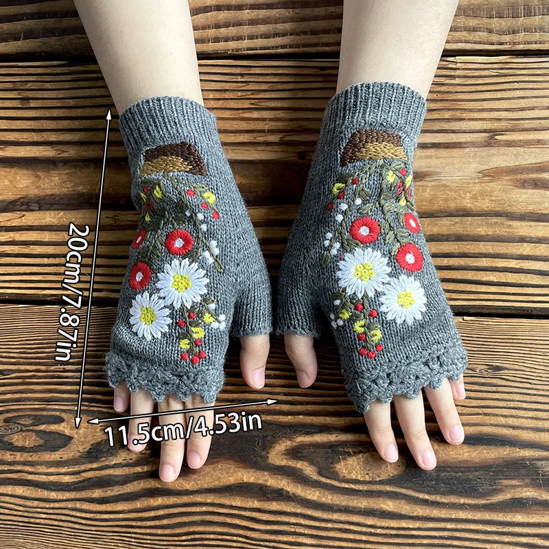 

Fashion Womens Fingerless Floral Winter Woolen Gloves Mushroom Embroidered Gloves Knitted Handmade Embroidery Gloves