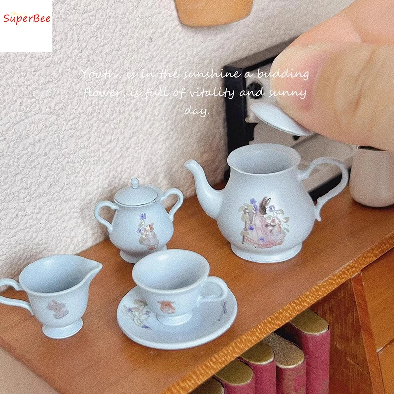 Dollhouse Mini Simulation Alloy Tea Set Teacup Food Model Doll House Miniatures Items Furniture Decoration Accessories