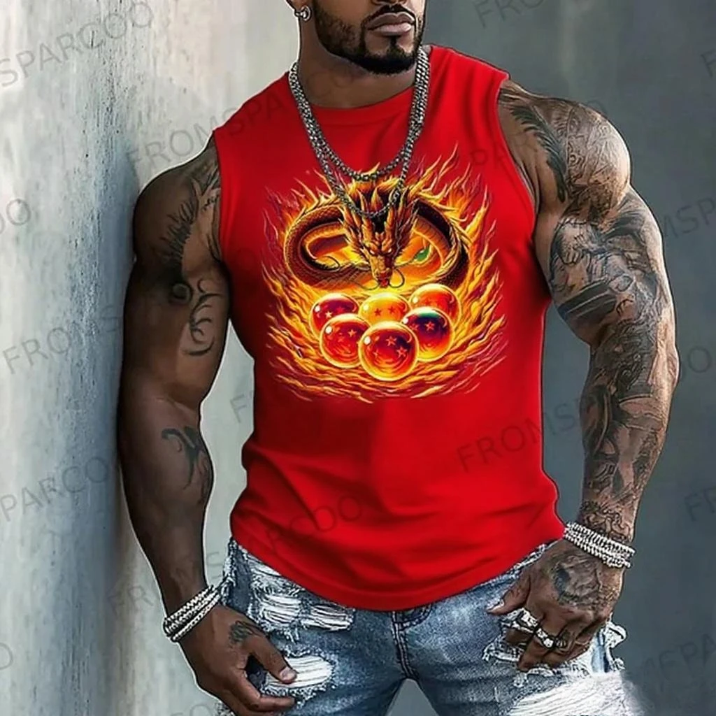 Męska koszulka bez rękawów Dragon Ball Anime, streetwear, letni nadruk graficzny, casualowa kamizelka do ćwiczeń, popularny styl.