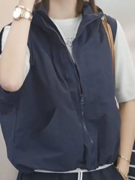 Ladies Loose Fit Hooded Jacket Korean Style Lazy Fashion Workwear Shoulder Pad Outerwear Polyester Fabric Commute Style