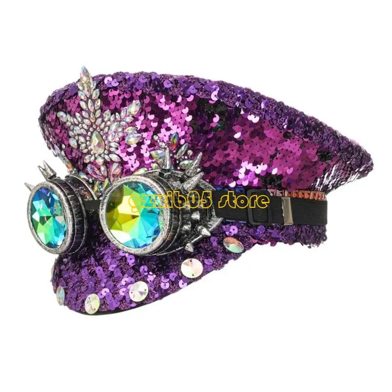 

C9GE Encrusted Captain Hat with Crystals Sequins Rivets for Bachelorette Party