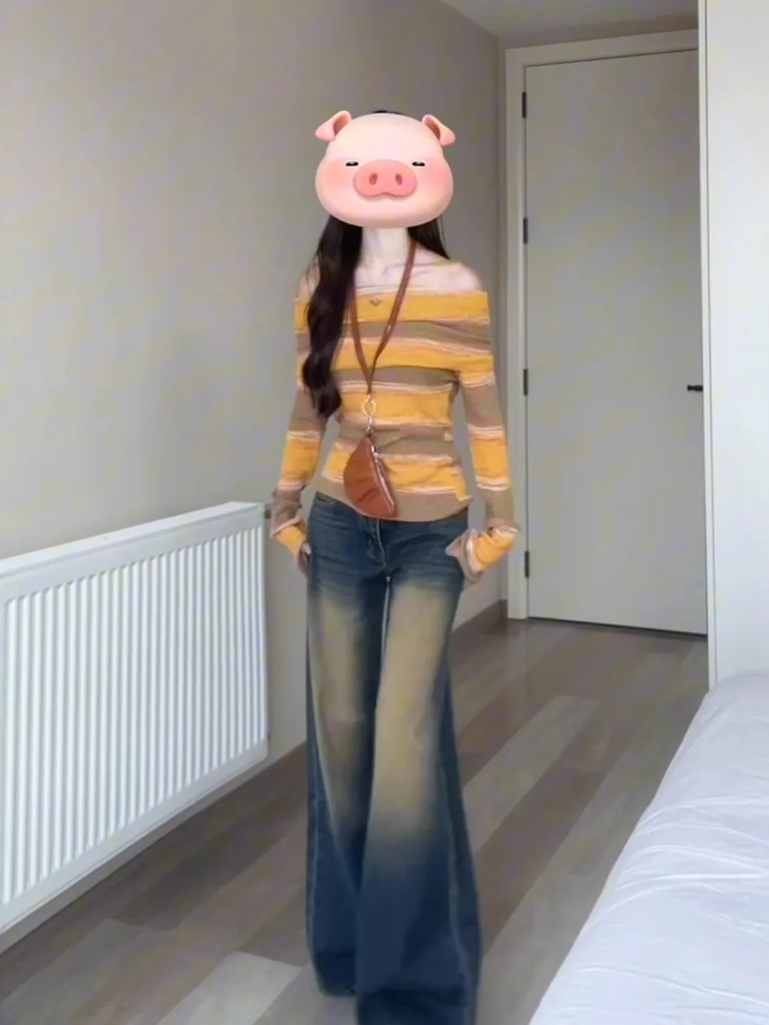 レディースニット長袖ワンショルダーベースシャツスリムフィットインナーウェアTシャツ通勤スタイル春秋シーズンストライプ柄