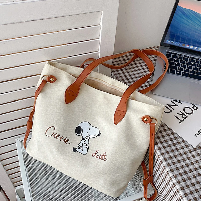 MINISO Disney Series Snoopy Canvas Bag Water Bucket Bag Cartoon Letter Printed Tote Bag Cute Fashion Casual Bag Handbag