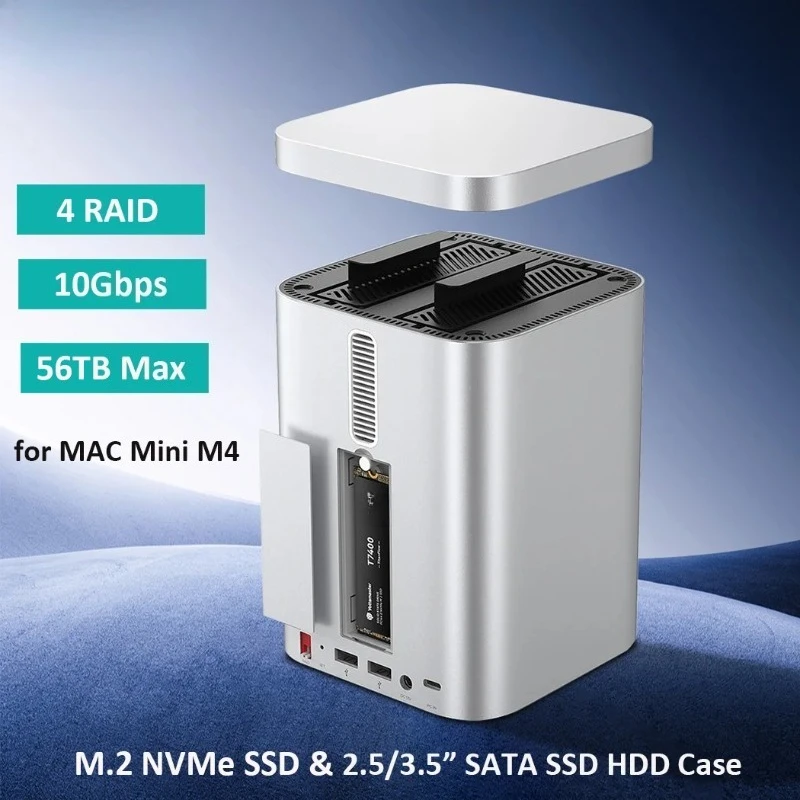 10Gbps M.2 NVMe SSD Case HDD   2 Bay RAID 2.5/3.5 inch HD Enclosure Docking Station USB Hub for Mac mini M4 Up to 56TB