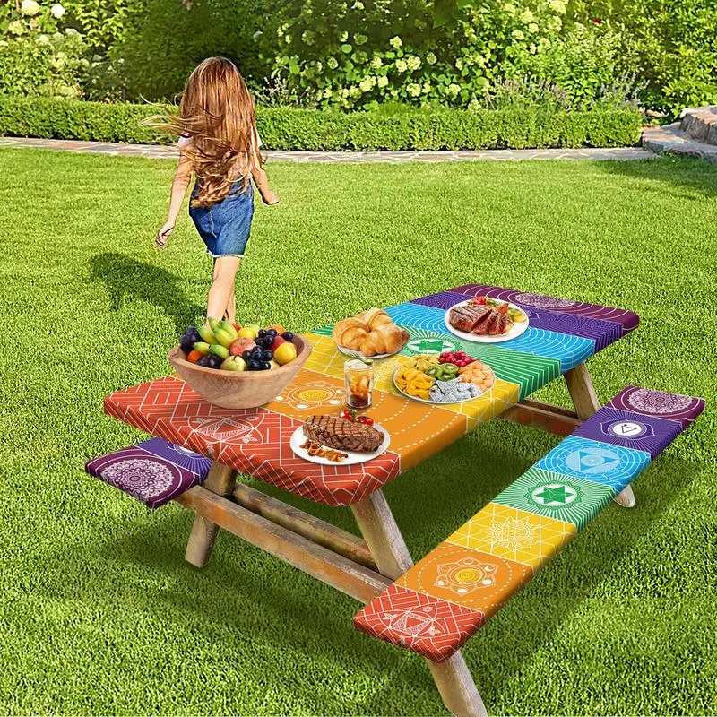 Fitted Picnic Table Cover With Bench Covers Elastic 3-Piece Dust Proof Outdoor Tablecloth Patio Furniture Protector Camping Gear