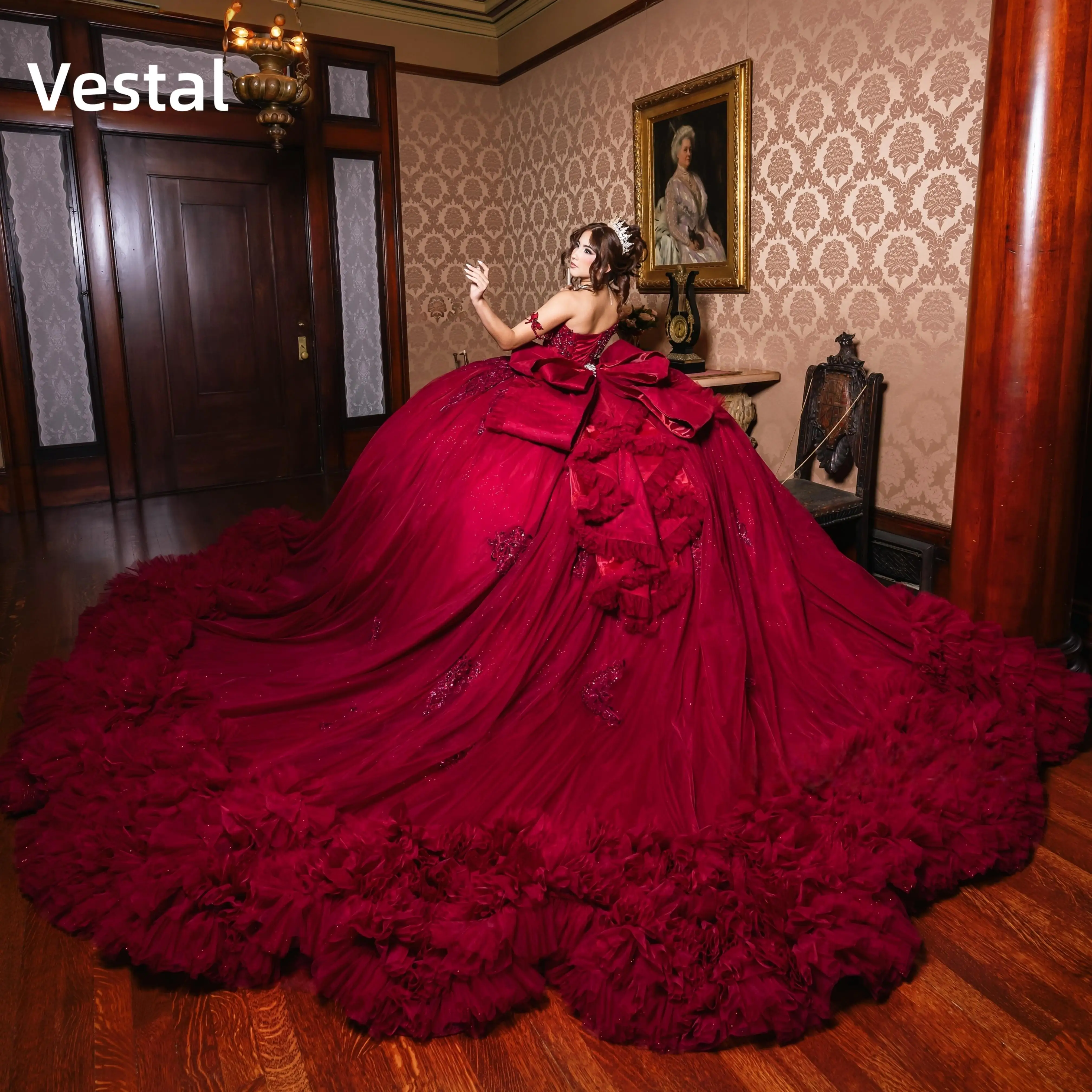

Burgundy Spaghetti Strap Quinceanera Dress Tiered Ruffle Beaded Ball Gown Prom Dress with Bow Sweet 16 Customized