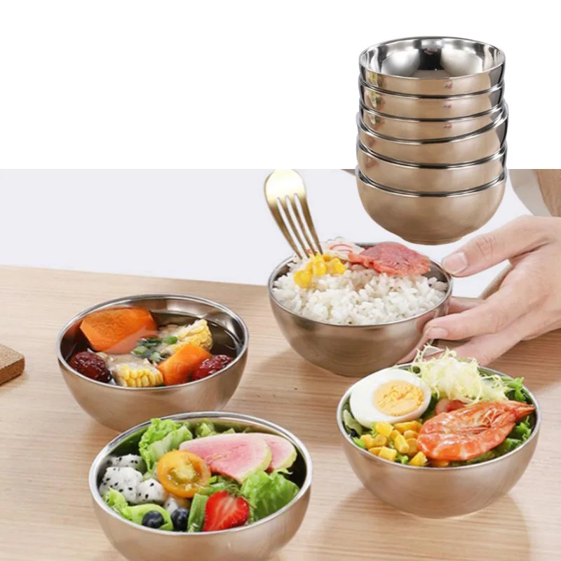 Stainless Steel Threaded Rice Bowl Dough Round Soup Double Layer Insulated Ramen Bowls Home Tableware Kitchen Accessories