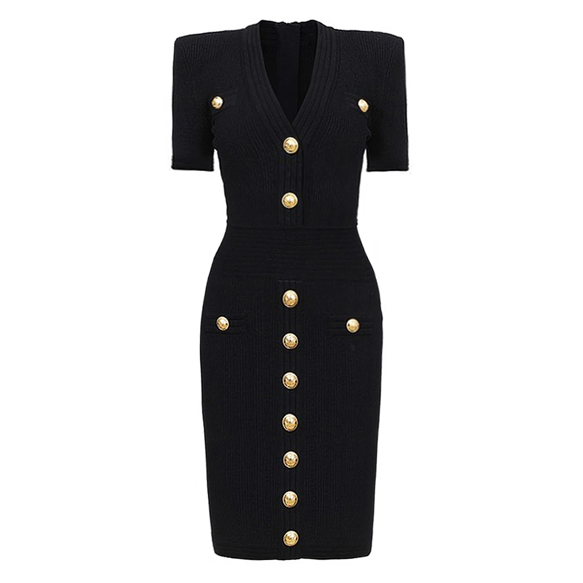 

2026, весна-лето, новое однотонное вязаное платье с короткими рукавами и золотыми пуговицами, облегающее эластичное женское платье