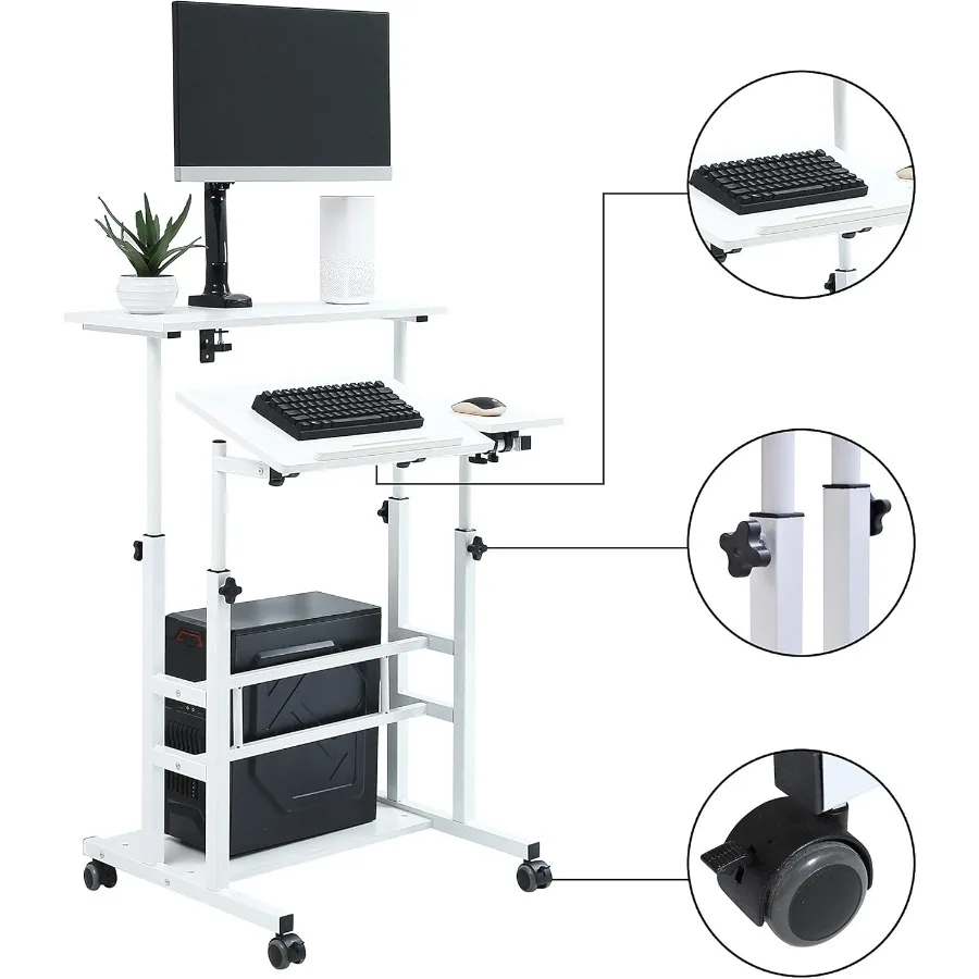 Escritorio de pie portátil con ruedas, estación de trabajo móvil de altura ajustable para oficina en casa y trabajo remoto, escritorio versátil con soporte para sentarse w