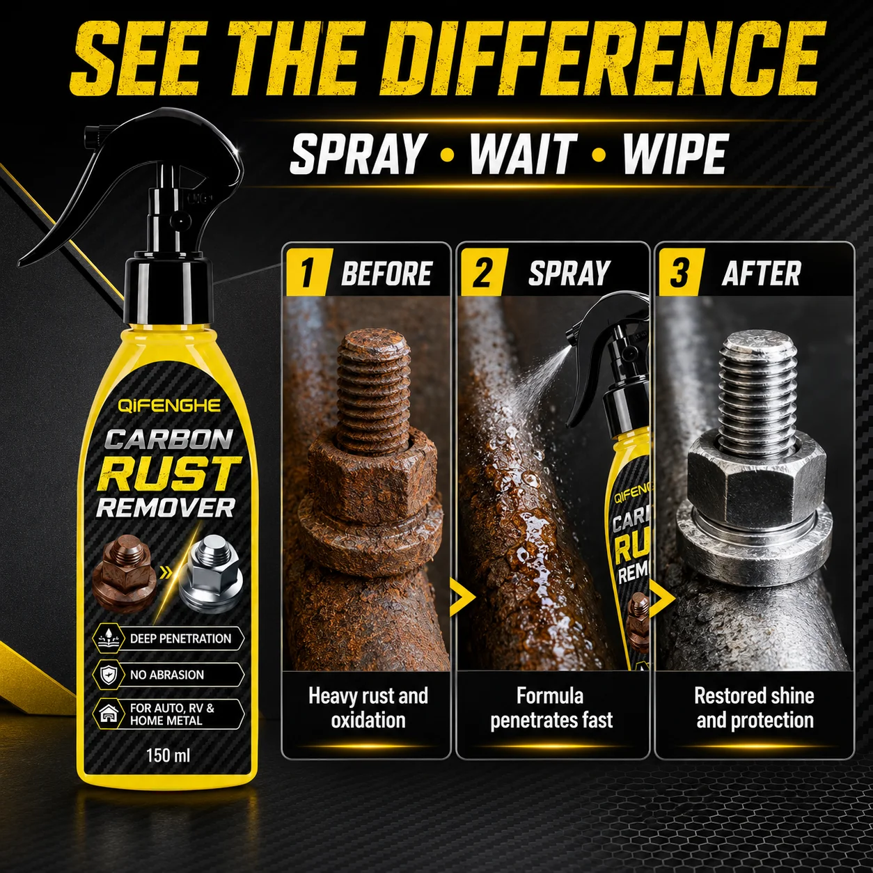 QIFENGHE Multi-Function Rust Remover & Lubricant Spray, Safe on Alloy, Remove Iron Powder, Polish and Protect Metal