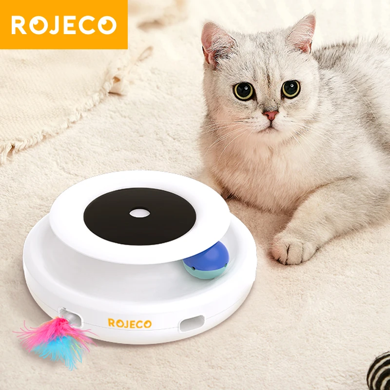 

ROJECO 2 In 1 Interactive Electronic Pet Toys Smart Rolling Ball For Cats Rechargeable Feather Duster Cat Toys With Replacement