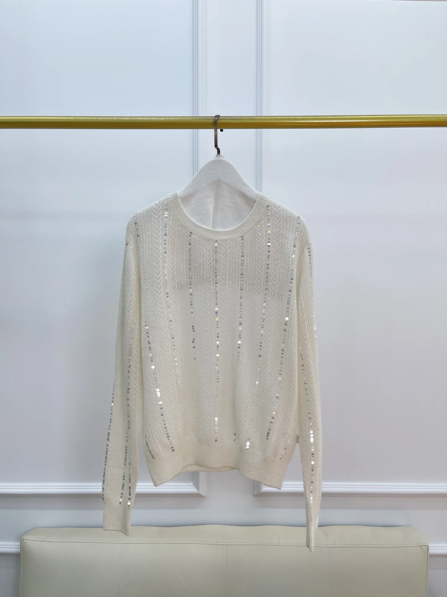 New High Quality Loose Simple Sequined Yarn Round Neck Cashmere Sweater
