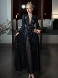 SEQINYY Elegant Black Long Dress Summer Spring New Fashion Design Women Runway High Street Lace V-Neck Sequined Spliced Party